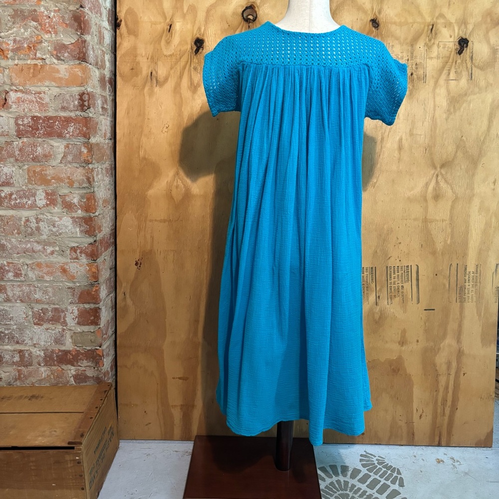 Vintage AC Gauze 70s Turquoise Boho Dress Crochet Bib Flowy 100% Cotton - Picture 3 of 5